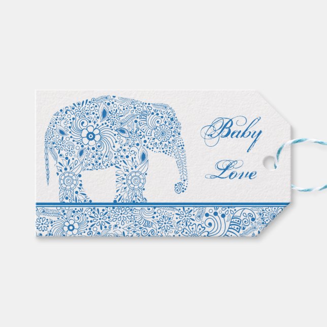 Étiquettes-cadeau Balise Bébé Bleu Amour Eléphant Cadeau (Devant (Horizontal))