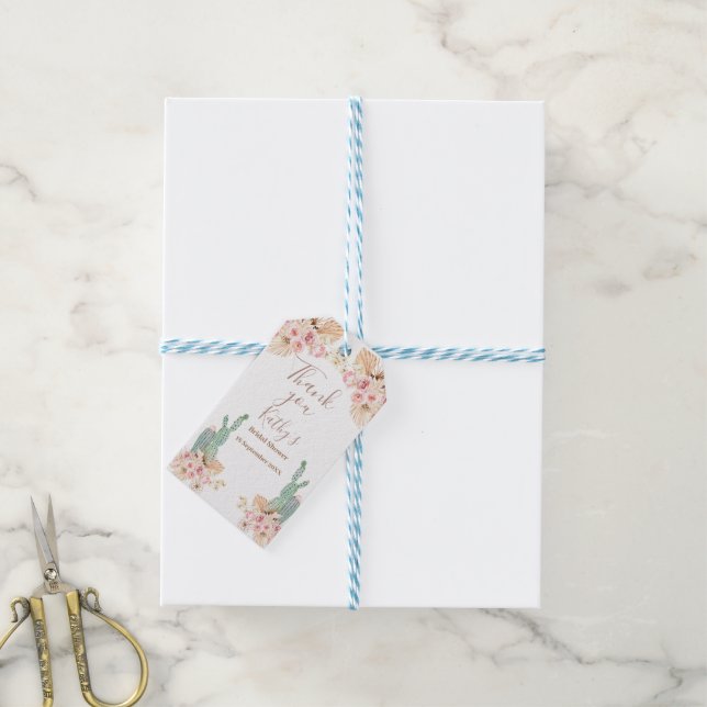 Étiquettes-cadeau Balise Boho Cactus Merci de fleurs roses (Avec de laficelle)