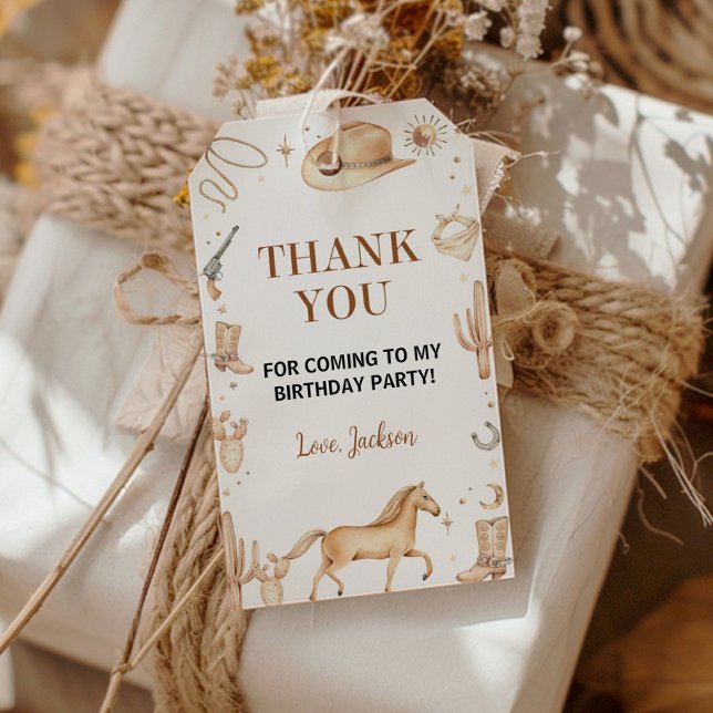 Étiquettes-cadeau Balise Boho First Rodeo Cowboy Merci d'anniversair (Créateur téléchargé)