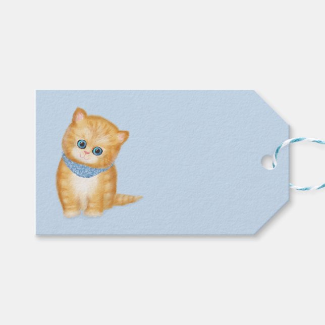 Étiquettes-cadeau Balise cadeau bleu chaton gingembre mignonne (Devant (Horizontal))