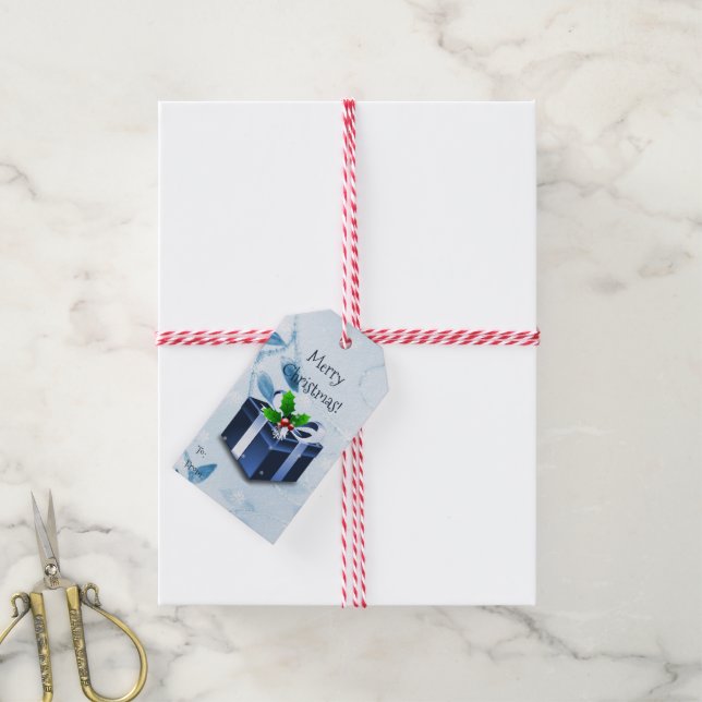 Étiquettes-cadeau Balise cadeau boîte de Noël bleue (Avec de la ficelle)