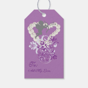 Étiquettes-cadeau Balise Cadeau Cupid Floral Perles coeur pourpre