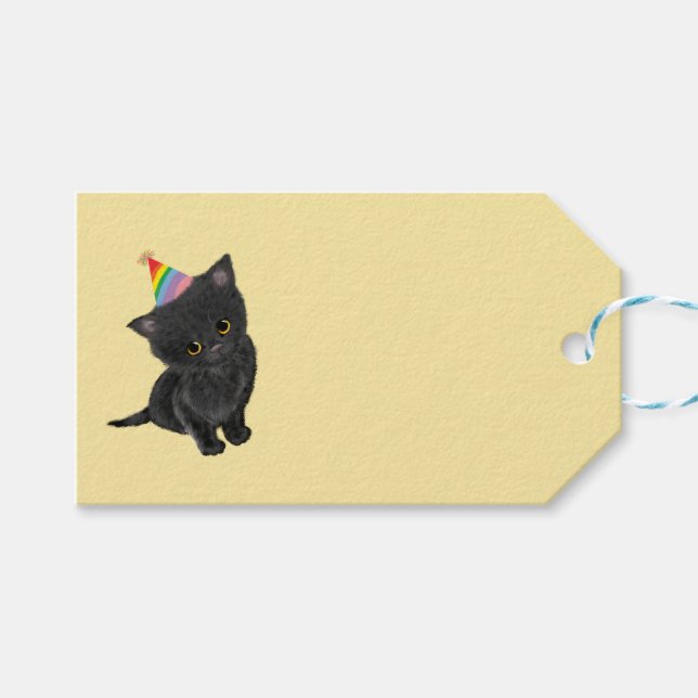 Étiquettes-cadeau Balise cadeau d'anniversaire chaton noir mignon (Devant (Horizontal))