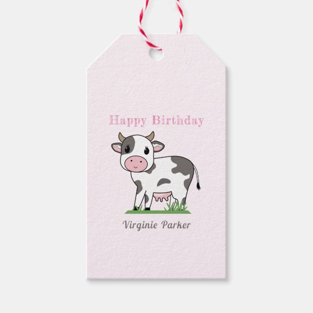 Étiquettes-cadeau Balise cadeau d'anniversaire de la vache mignonne (Devant)
