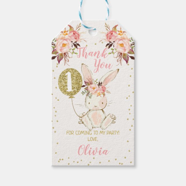 Étiquettes-cadeau Balise cadeau d'anniversaire de lapin rose floral (Devant)