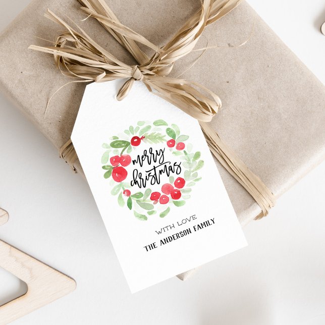 Étiquettes-cadeau Balise cadeau d'aquarelle de Noël Berry Wreath (Créateur téléchargé)
