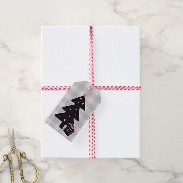 Étiquettes-cadeau Balise cadeau d'arbre de Noël noir et gris (Avec de la ficelle)