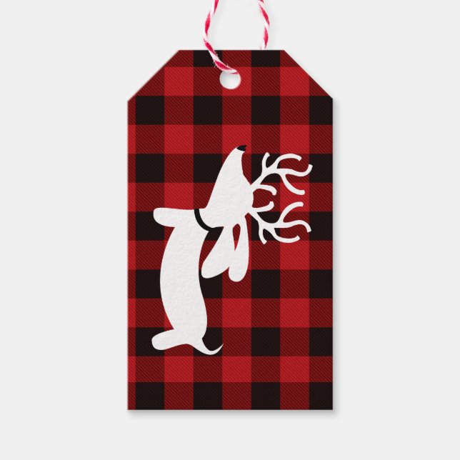 Étiquettes-cadeau Balise cadeau de Noël Reindeer Dachshund sur Plaid (Devant)
