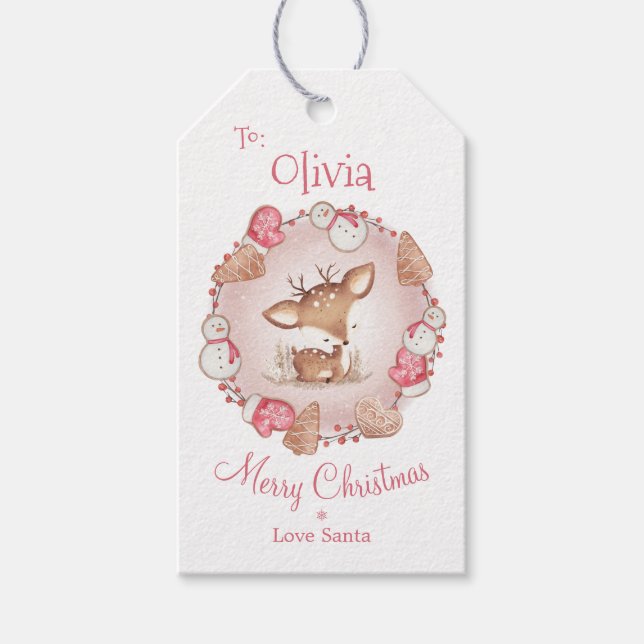 Étiquettes-cadeau Balise cadeau de Noël rose cerf mignon (Devant)