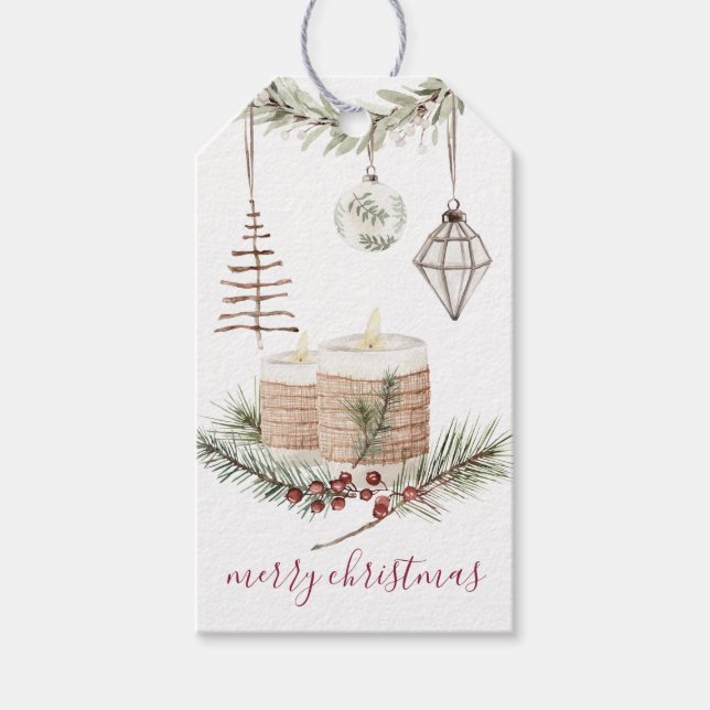 Étiquettes-cadeau Balise cadeau de Noël rustique Bougies et ornement (Devant)