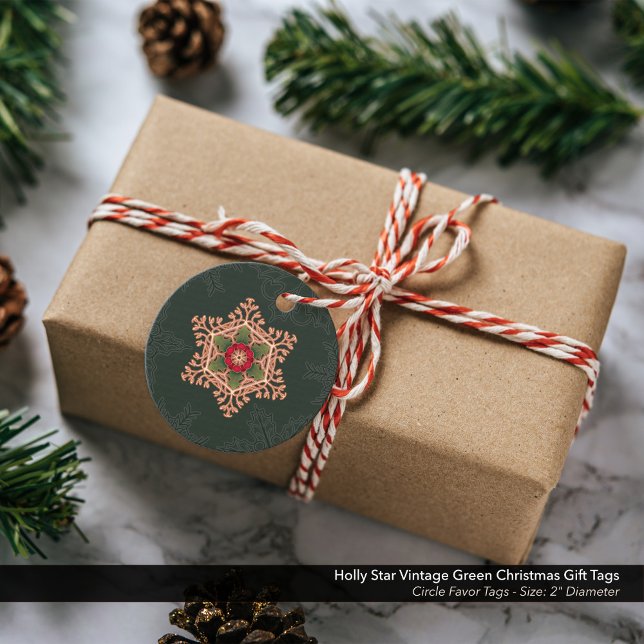 Étiquettes Cadeau Balise cadeau de Noël Vintage Holly Star (Holly Star Vintage Christmas Gift Tags: Green, Size 2" Diameter)