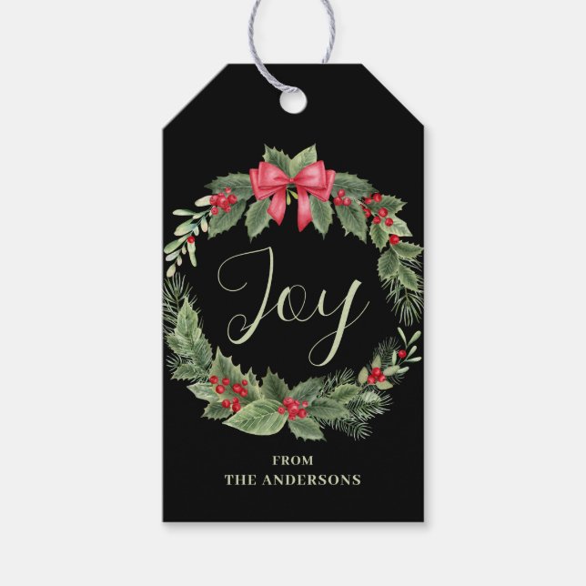 Étiquettes-cadeau Balise cadeau de Noël Wreath Joy Name (Devant)