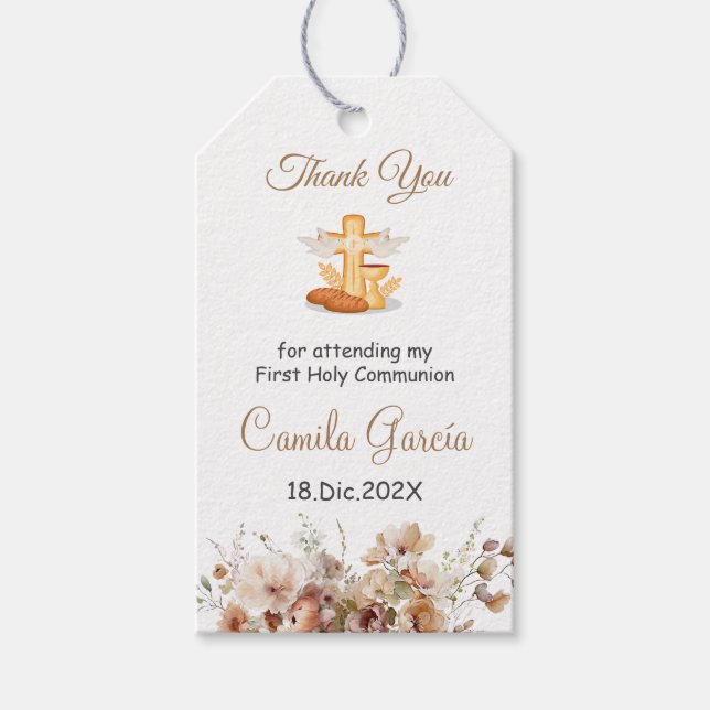 Étiquettes-cadeau Balise cadeau de première communion florale Boho (Devant)