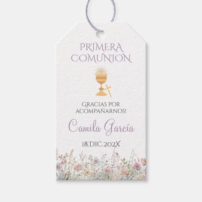 Étiquettes-cadeau Balise cadeau de première communion florale pourpr (Devant)