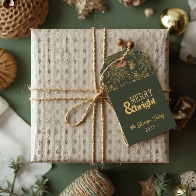 Étiquettes-cadeau Balise cadeau de vacances Joyeux et vert brillant  (Créateur téléchargé)