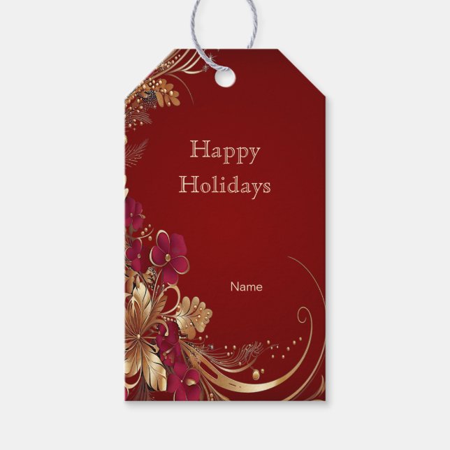 Étiquettes-cadeau Balise cadeau de vacances Red Gold Floral (Devant)