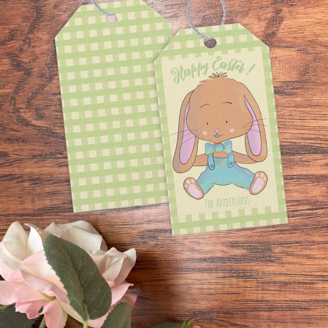 Étiquettes-cadeau Balise cadeau En vichy motif de lapin vert de Pâqu (Cute Easter bunny gift tags .)