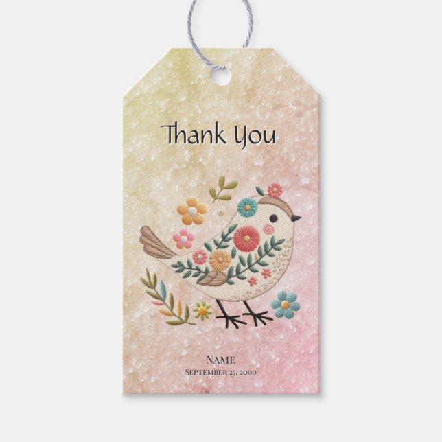 Étiquettes-cadeau Balise Cadeau Feuille Little Bird Flowers rose (Devant)
