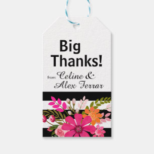 Étiquettes-cadeau Balise cadeau Fleurs rayées noir et blanc   fuchsi