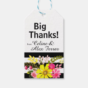 Étiquettes-cadeau Balise cadeau Fleurs rayées noir et blanc jaune