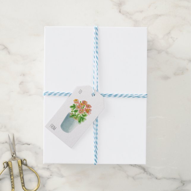 Étiquettes-cadeau Balise cadeau Fleurs roses en Pot Bleu (Avec de laficelle)