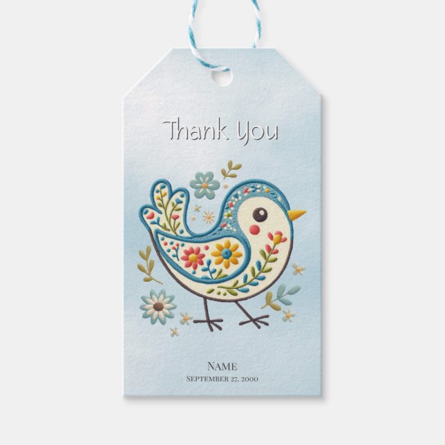 Étiquettes-cadeau Balise cadeau Floral Oiseau Bleu (Devant)