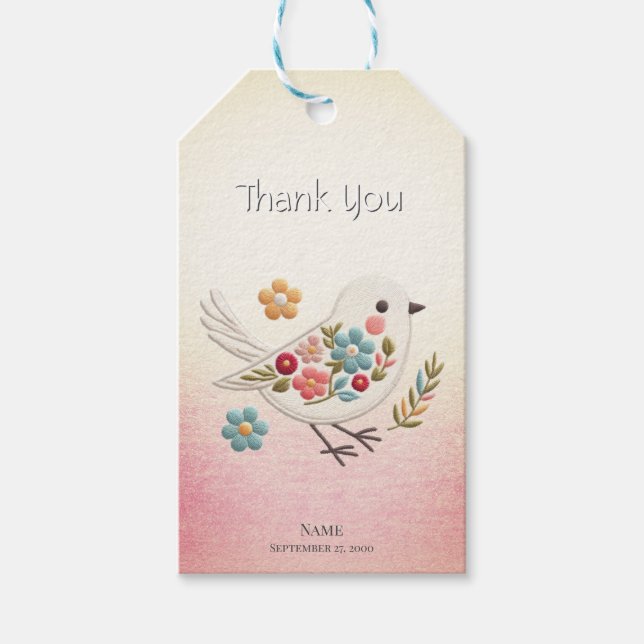 Étiquettes-cadeau Balise Cadeau Floral Petit Oiseau Blanc (Devant)