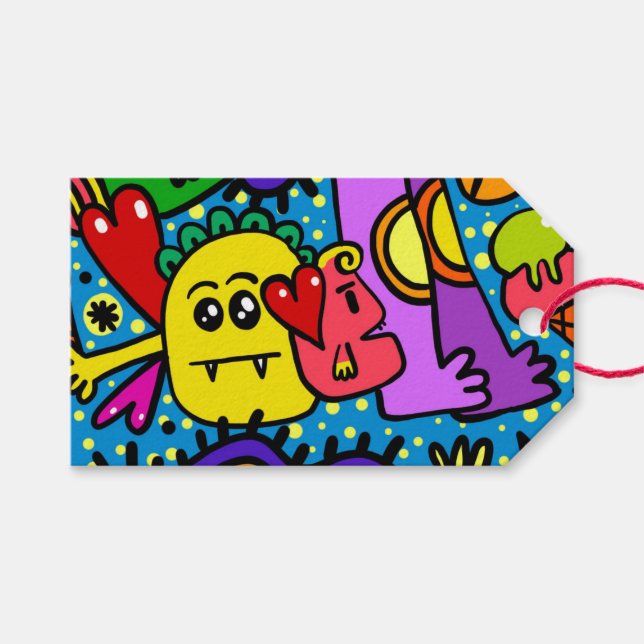 Étiquettes-cadeau Balise cadeau HAPPY MONSTER DOODLE CRITTER (Devant (Horizontal))