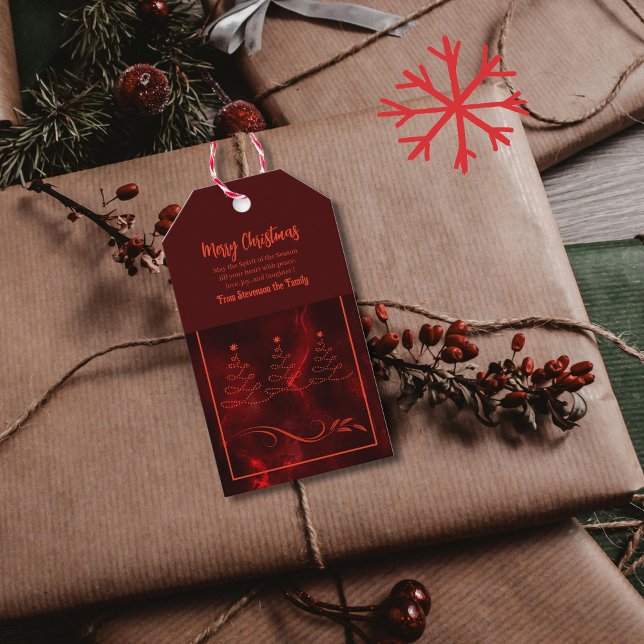 Étiquettes-cadeau Balise cadeau Joyeux arbres de Noël Bourgogne (Merry Christmas Trees Burgundy Gift Tag)