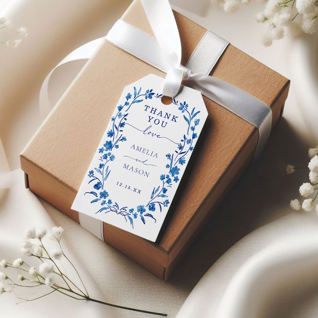 Étiquettes-cadeau Balise cadeau Mariage Merci à cadre bleu (Blue Floral Watercolor Frame Thank You Wedding Gift Tag)