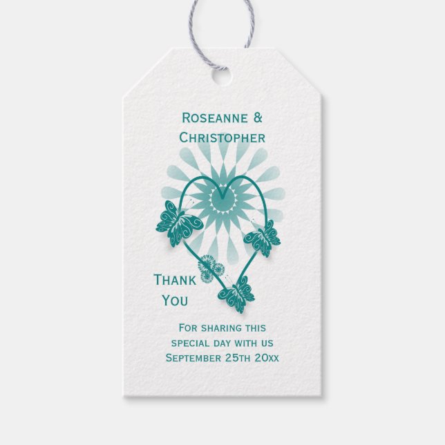 Étiquettes-cadeau Balise Cadeau mariage Papillons Turquoises Coeur (Devant)
