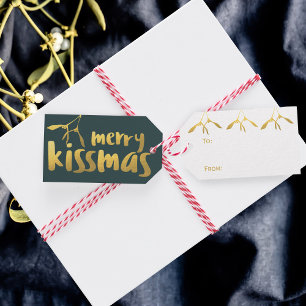 Étiquettes-cadeau Balise cadeau Merry Kissmas Modern Gold Mistletoe