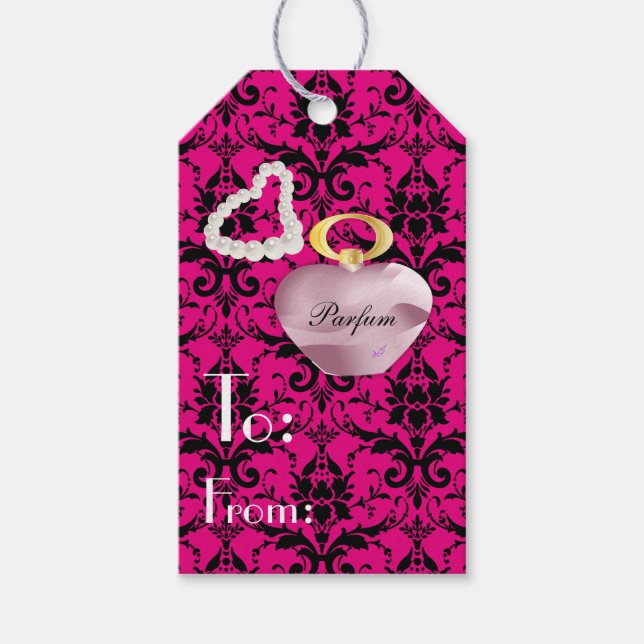 Étiquettes-cadeau Balise cadeau Parfum & Perles rose et noir Damas (Devant)