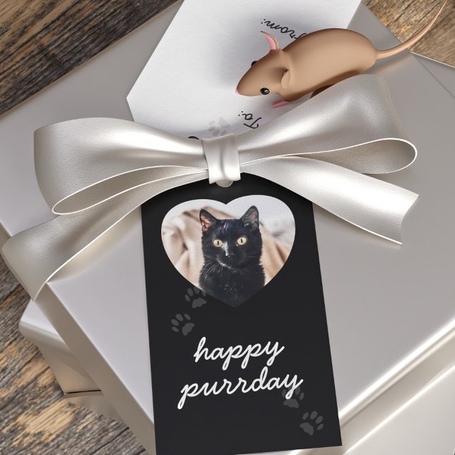Étiquettes-cadeau Balise cadeau photo pour animal de compagnie de ch (Happy Purrday! Upload your black cat's photo (or your own) and gift with love)