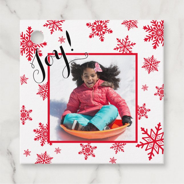 Étiquettes Cadeau Balise cadeau photo Red & White Holiday Joy Snowfl (Devant)