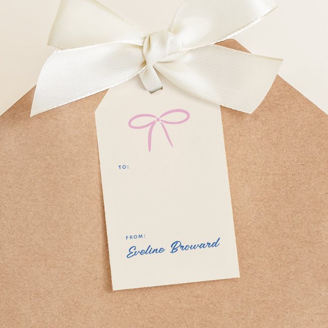 Étiquettes-cadeau Balise cadeau Pink Simple Bow Blank (everyday gifts tag featuring a simple pink bow and soft blue personalized text with a pattern)