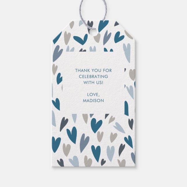 Étiquettes-cadeau Balise Coeurs modernes Boy Blue Baby shower Merci (Devant)