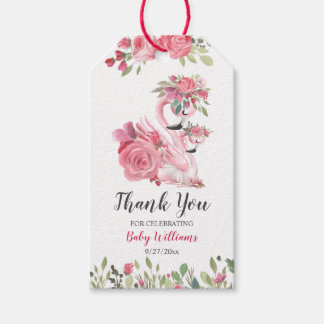 Étiquettes-cadeau Balise Cygne rose et Merci Baby shower Rose