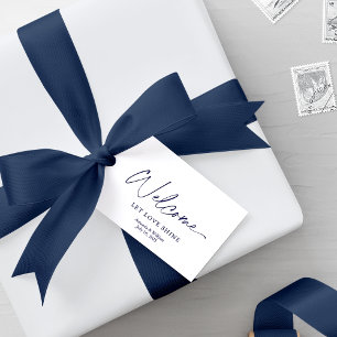 Étiquettes-cadeau Balise de bienvenue blanche avec fleurs bleu pouss