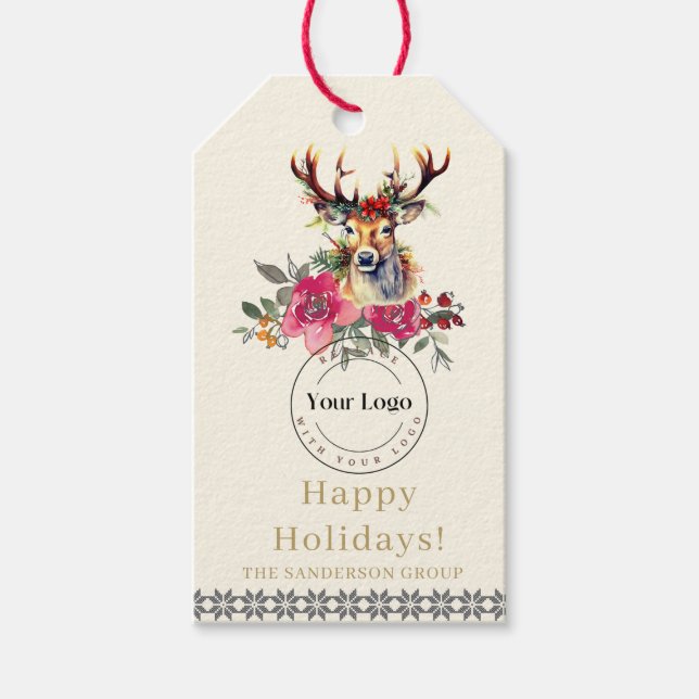 Étiquettes-cadeau Balise de cadeau Boho Happy Holidays Business Logo (Devant)