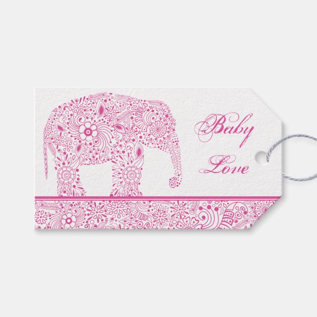 Étiquettes-cadeau Balise de cadeau Pink Baby Love Elephant (Devant (Horizontal))