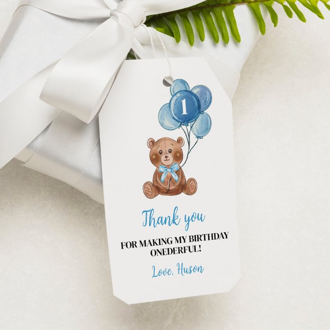Étiquettes-cadeau Balise de Merci Blue Teddy Bear 1er anniversaire (Créateur téléchargé)