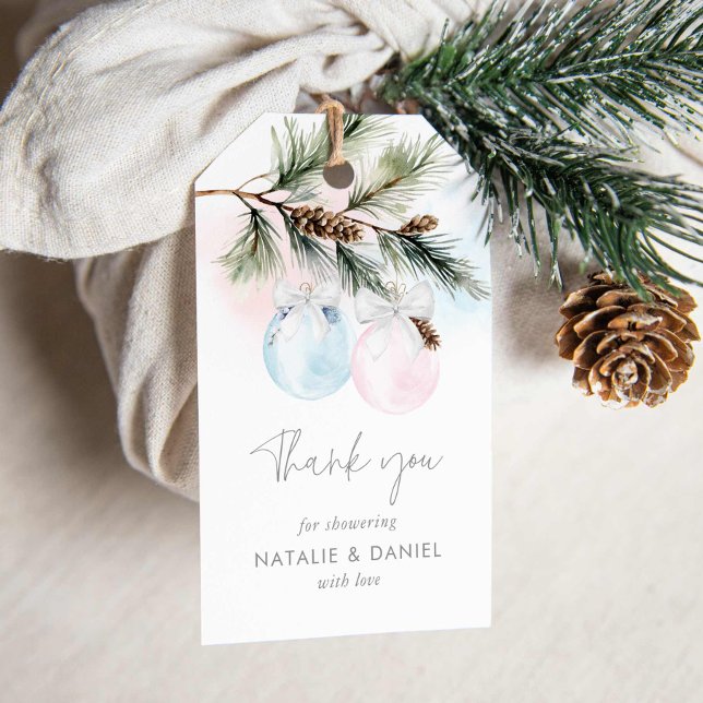 Étiquettes-cadeau Balise de Merci de la révélation de sexe hivernal (Elegant Pink and Blue Winter Baby Shower Tags)