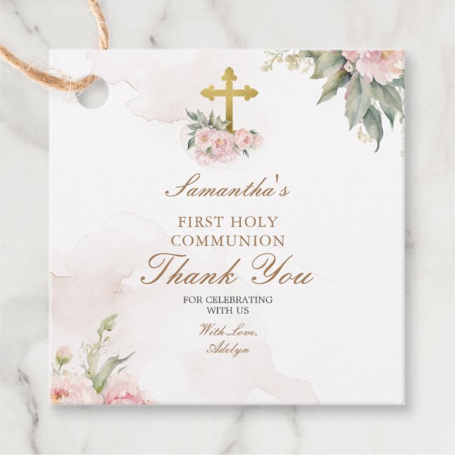 Étiquettes Cadeau Balise de Merci de la Sainte Communion rose (Devant)