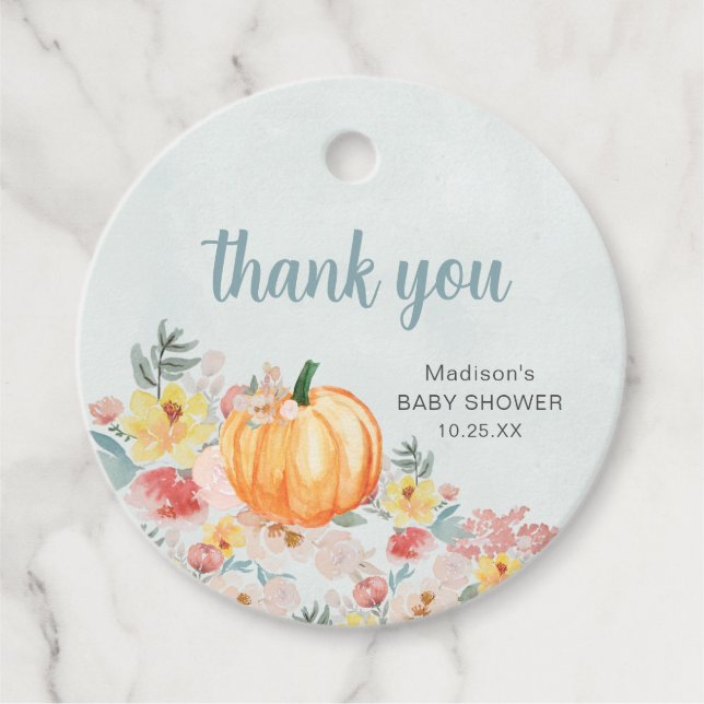 Étiquettes Cadeau Balise de préférence du baby shower Citrouille aqu (Devant)