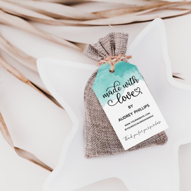 Étiquettes-cadeau Balise de produit turquoise Aquarelle Fabriquée av (Créateur téléchargé)