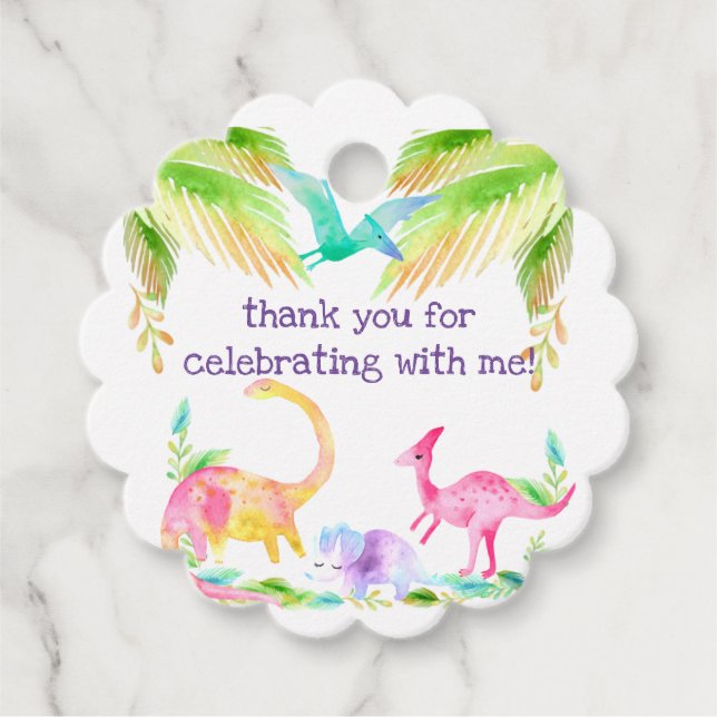 Étiquettes Cadeau Balise Fille Rose Dinosaur Favoriser (Devant)