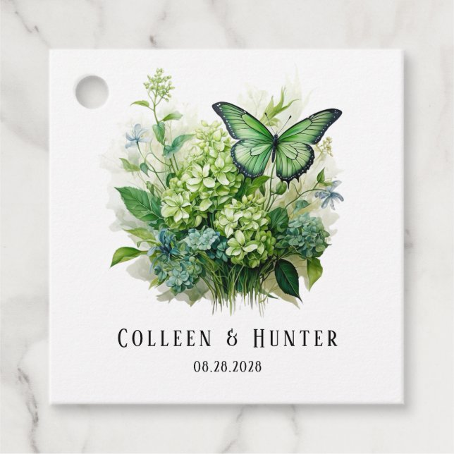 Étiquettes Cadeau Balise Green Hydrangea Floral Butterfly Favoriser (Devant)