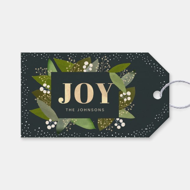 Étiquettes-cadeau Balise JOY Foliage & Berry Navy Blue Christmas GIf (Devant (Horizontal))