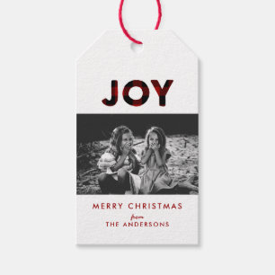 Étiquettes-cadeau Balise Joy Red Buffalo Plaid Christmas Photo Gift